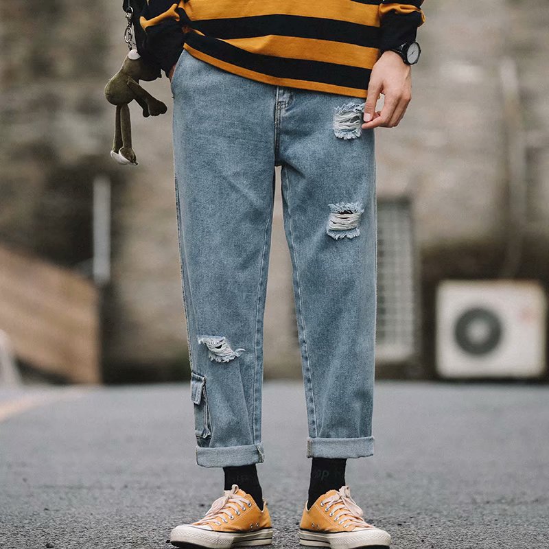 

2019 summer new fashion casual men's jeans male denim trousers loose, Black
