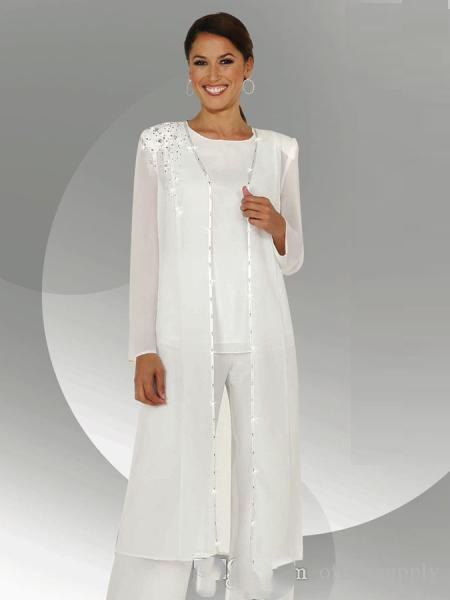 

White Chiffon Long Sleeves Mother of the Bride Pant Suits With Long Blouse Sequins Beaded Mother of Groom Dress