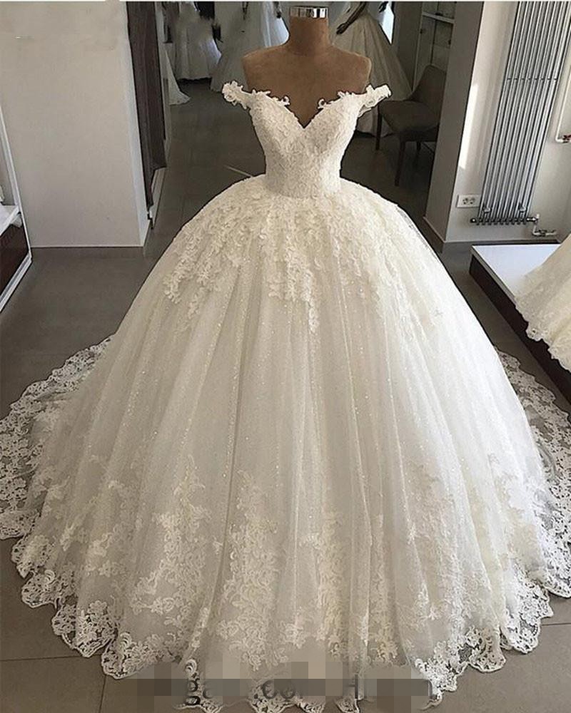 

2020 Ball Gown Wedding Dresses Off the Shoulder Lace Applique Sweep Train Shinning Sequins Custom Made Wedding Bridal Gown vestido de novia, Orange