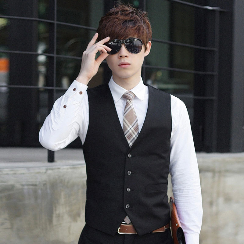 

Newly Men Solid Color Waistcoat Slim Fit Single-breasted Business Casual Vest for Spring IR-ing, Black
