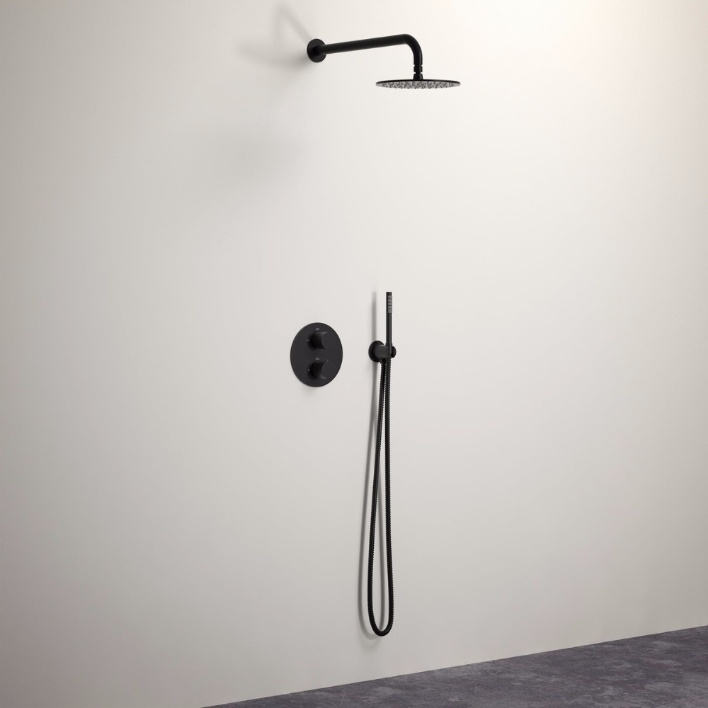 

8-Inch Shower Tap Set, Matte Black 10" Brass Rainfall Shower Faucet with 2-Way Diverter Valve Trim Hand Held Shower Kit, 16-141
