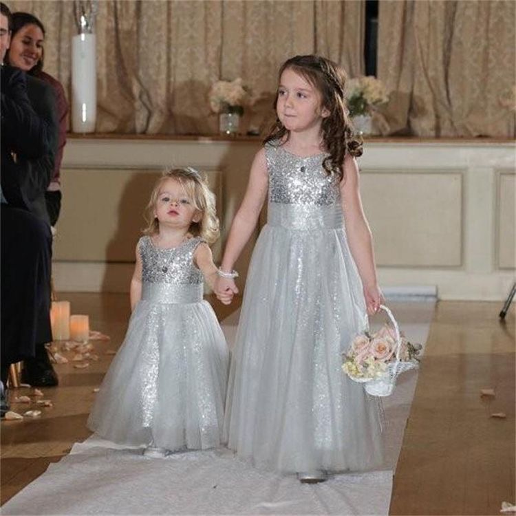 

Silver Sequins Tulle Floor Length Flower Girl Dresses for Wedding Party, Blue