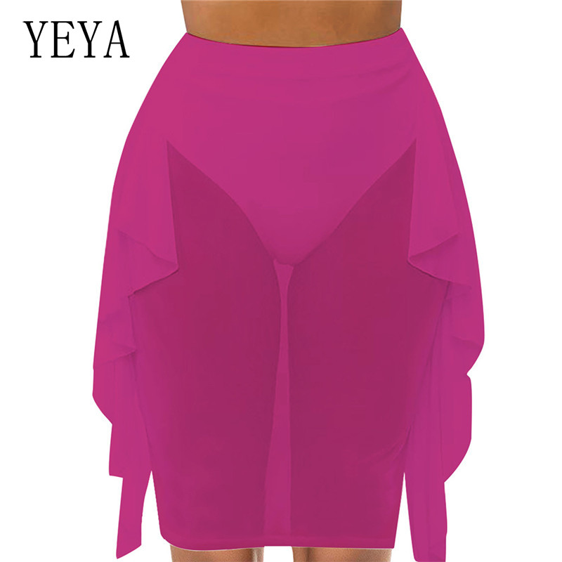 YEYA femmes été maille pure jupe crayon Transparent moulante taille haute Mini jupe Sexy voir à travers plage couvrir jupes