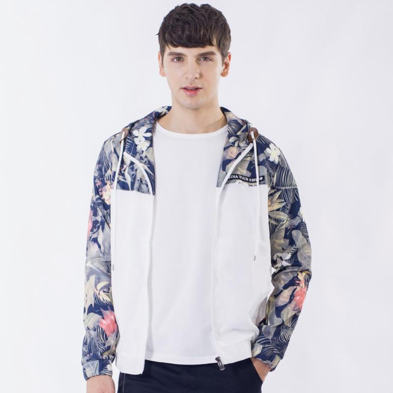 

Casual Mens Hooded Jacket Spring Autumn Male Floral Windbreaker Coat Zipper Slim Patchwork Men Jackets Hip Hop Clothes, Black