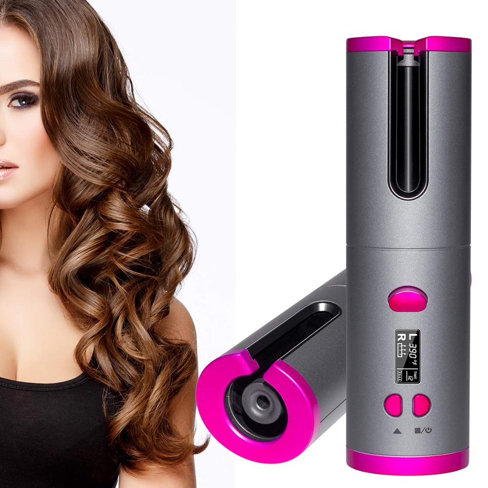 Portable Cordless Auto Rotating Ceramic Hair Curler USB Rechargeable Curling Iron LED Display Temperature Adjustable Curling Wave Styer