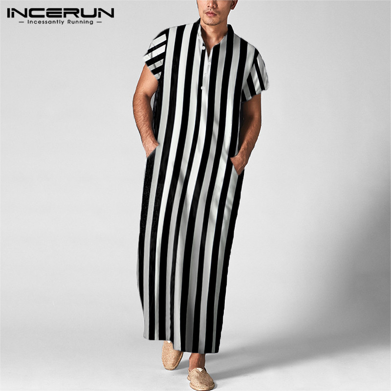 

INCERUN Men Vintage Short Sleeve Stand Collar Muslim Kaftan Robes Casual Loose Long Tops Summer Men Striped Long Shirt 5XL, Black