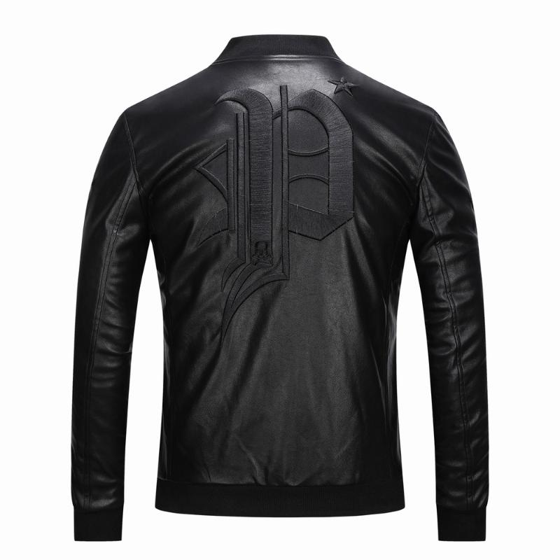 

Metal Outerwear Windbreaker Men Motorcycle Faux PU Leather Jackets Cool Letter Printed Coat Male Casual Slim Jacket, Black