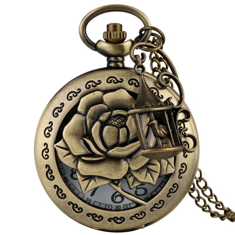 

Steampunk Women Bronze Quartz Pocket Watch Antique Hollow 3D Flower Case Necklace Sweater Chain Clock Gift reloj de bolsillo