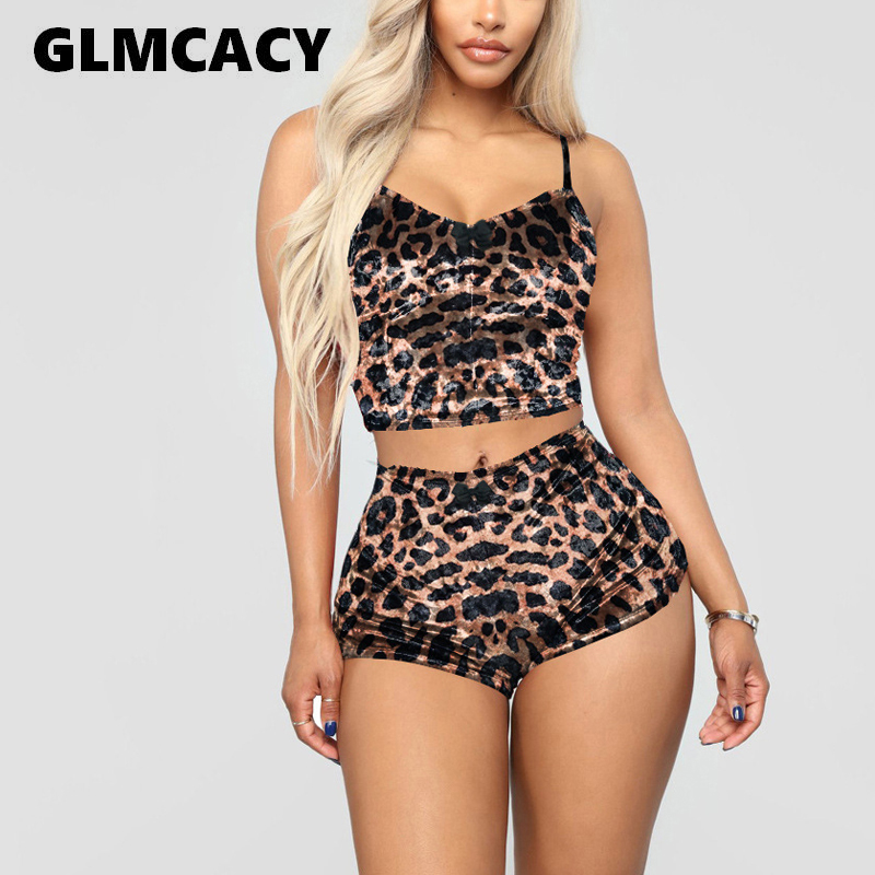 

4 Colors Women Two Piece Sexy Suits Spaghetti Strap Crop Top and Shorts Set Leopard Night Party Clubwear Sleepwear, Brown