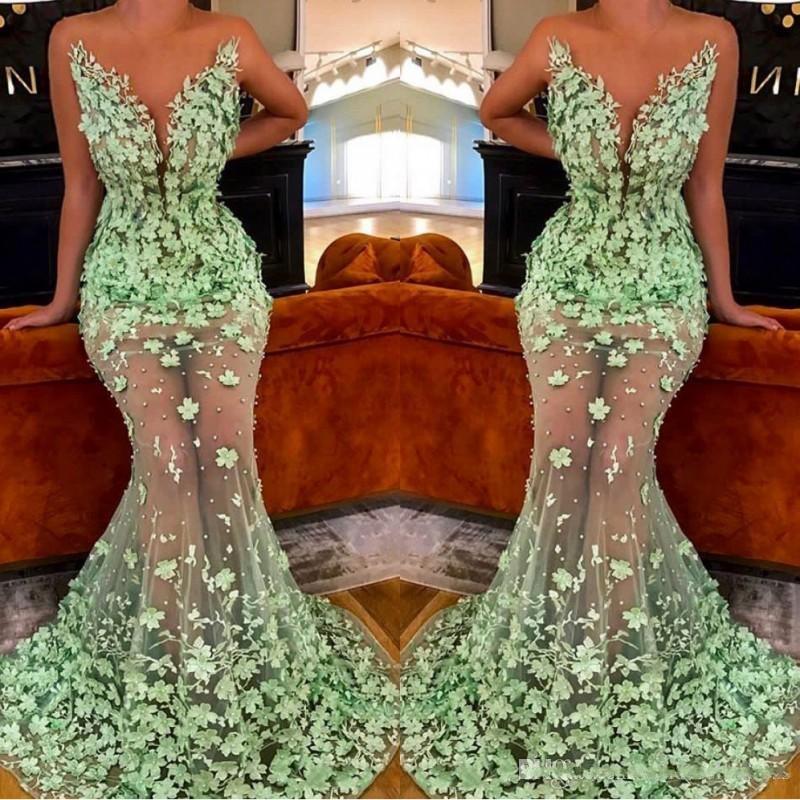 

2020 Green Evening Dresses 3D Floral Applique Mermaid Sweep Train Sheer Neck Illusion Bodice Jewel Beaded Custom Made Prom Party Gown, Light sky blue