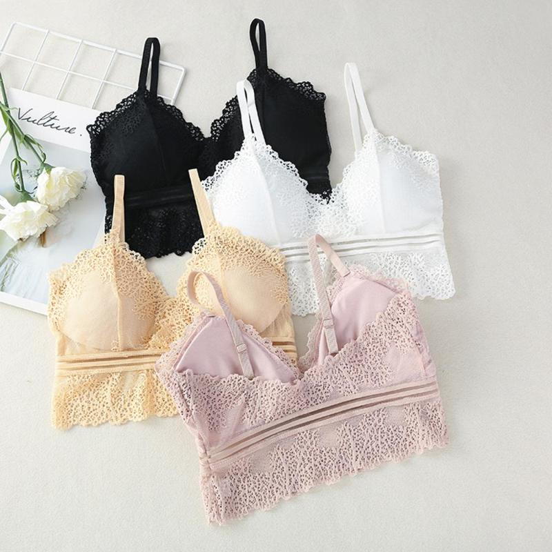 

Fashion Sexy Lace Pieceless Sleep Bra Solid Color Elastic No Steel Ring Removable Chest Pad Sports Bra lenceria Underwear BR3M, Black