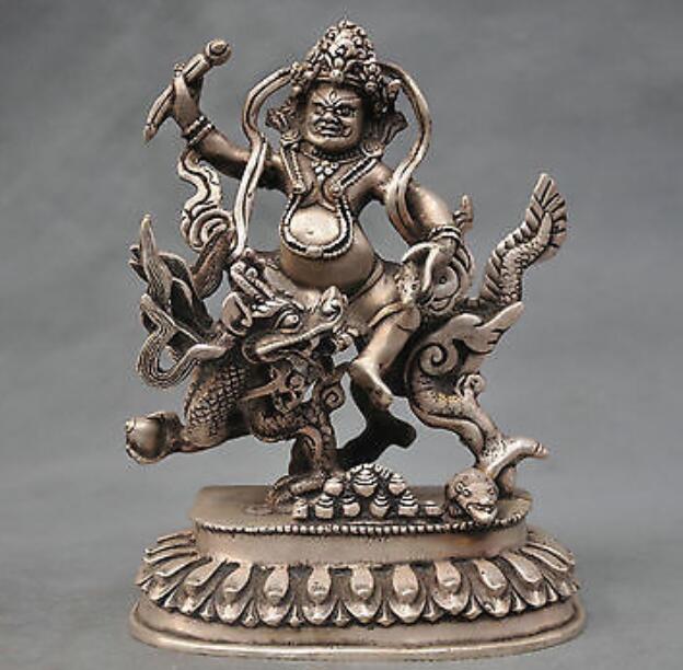 

brass Collectable 7" China Tibet Silver Bronze Ride Dragon White Jambhala Statue Garden Decoration 100% real Brass Bronze