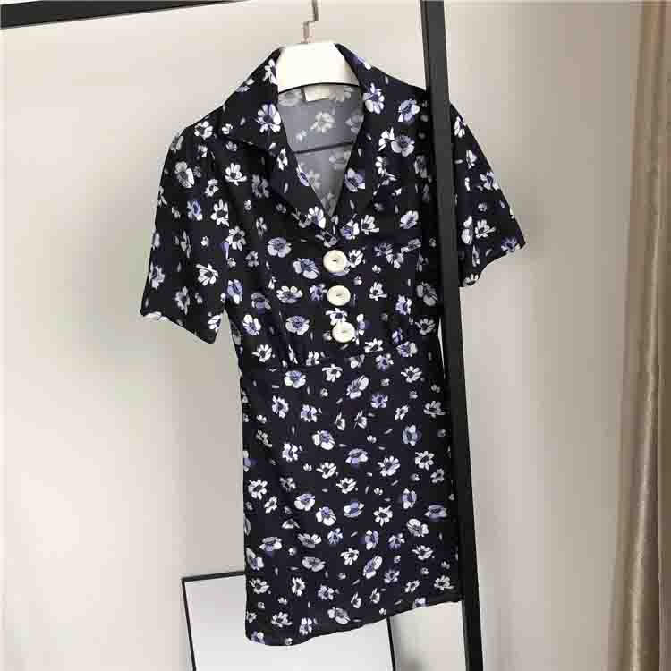 

Women Dress New Spring / Summer 2020 Retro Button Small Daisy Print Shirt Dress Woman, Dark blue