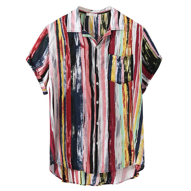 

Mens Multi Color Graffiti Chest Pocket Round Hem Loose Short Sleeve Hawaiian Shirts Mens Colorful Striped Korean Dropshipping, Yellow striped