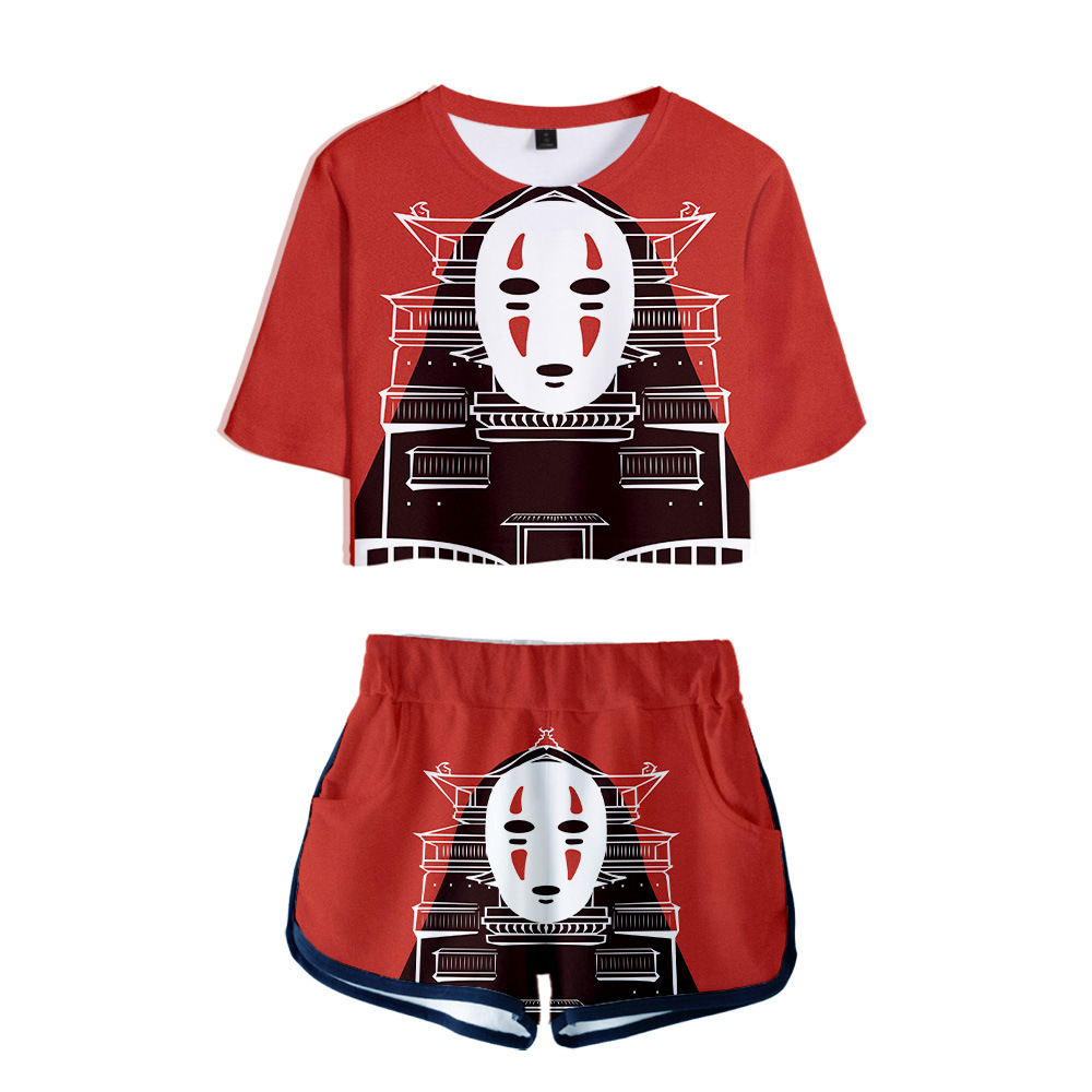 

Japan Anime Studio Ghibli Spirited Away No Face Man 3D Print Tracksuit Women Two Piece Set Top and Shorts Halloween Costume, 009