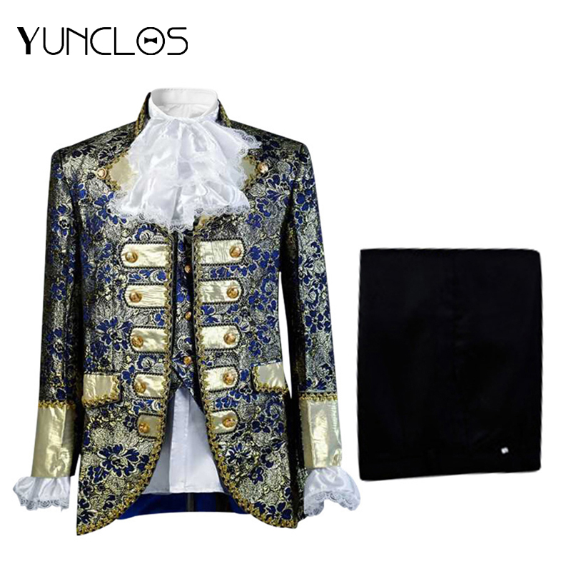 

Yunclos Men' Court Suit performance Dress Double-Breasted 5 Piece Set (Jacket + Vest + Pants Collar Flower Sleeve Flower, As shown