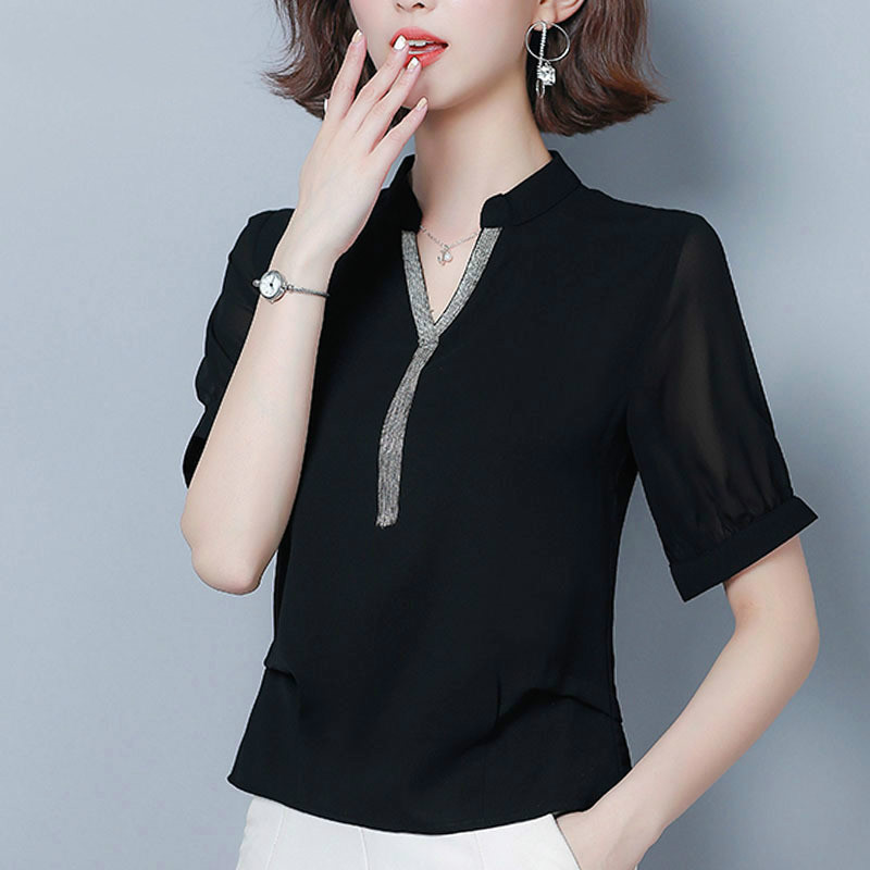 

Blusas mujer de moda 2020 shirts women ladies tops chiffon blouse for women tops plus size V-Neck Solid short Tassel 4662 50, Black