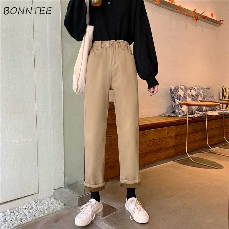 

Jeans Women Plus Velvet Thicker Khaki High Waist Zipper Elastic Straight Simple School All-match Womens Trousers Chic Harajuku