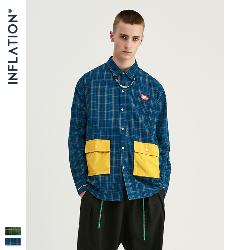 

INFLATION Classic Plaid Shirt Men Streetwear Loose Shirt 2020 FW Men Cotton Oversized Long Sleeve 92118W, Blue