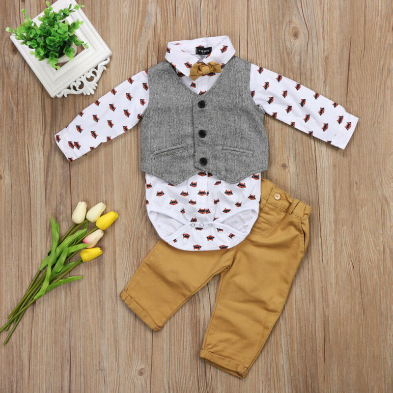 

Baby Boy 3PCS Clothing Sets Printed Romper Bodysuit + Gray Vest Waistcoat + Pants Trousers 0-24M Newborn Infant Toddler Outfit, Khaki