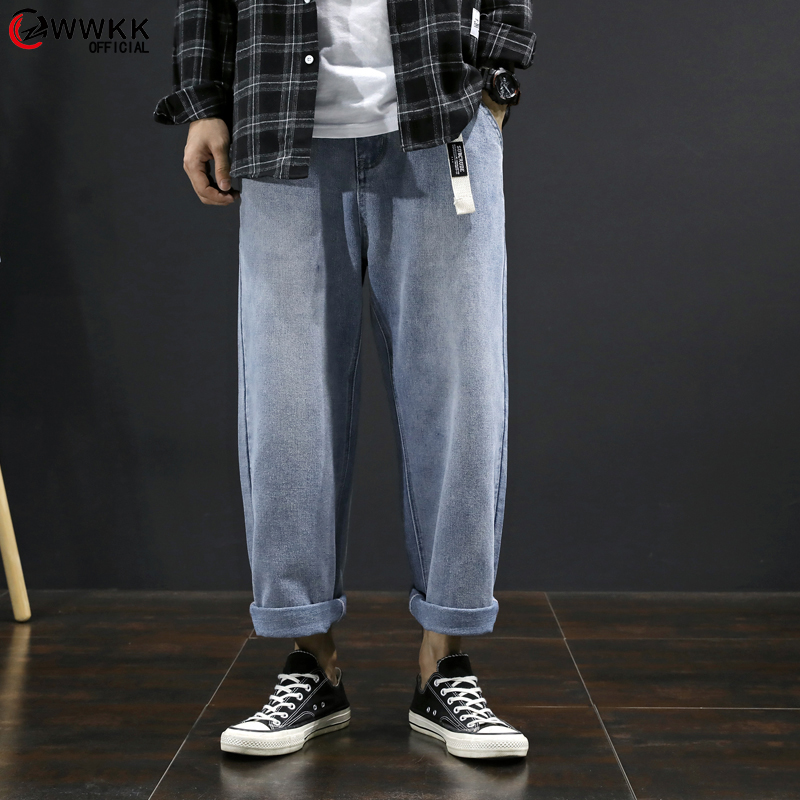 

WWKK Loose Vintage man Jeans 2020 Spring Autumn Bleached Casual Boyfriend Curl Denim Wide Leg Pants Oversize High Waist Jean, Blue