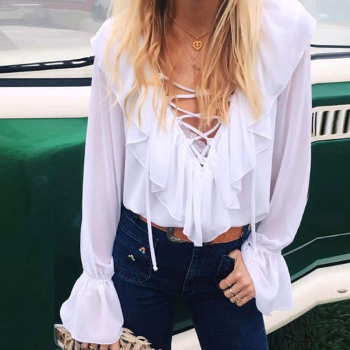 

Autumn Retro Hot Fashion Women Blouse Sexy Ladies Long Sleeve Loose Blouse Summer Lace Up V Neck Casual Shirt Tops, As pic