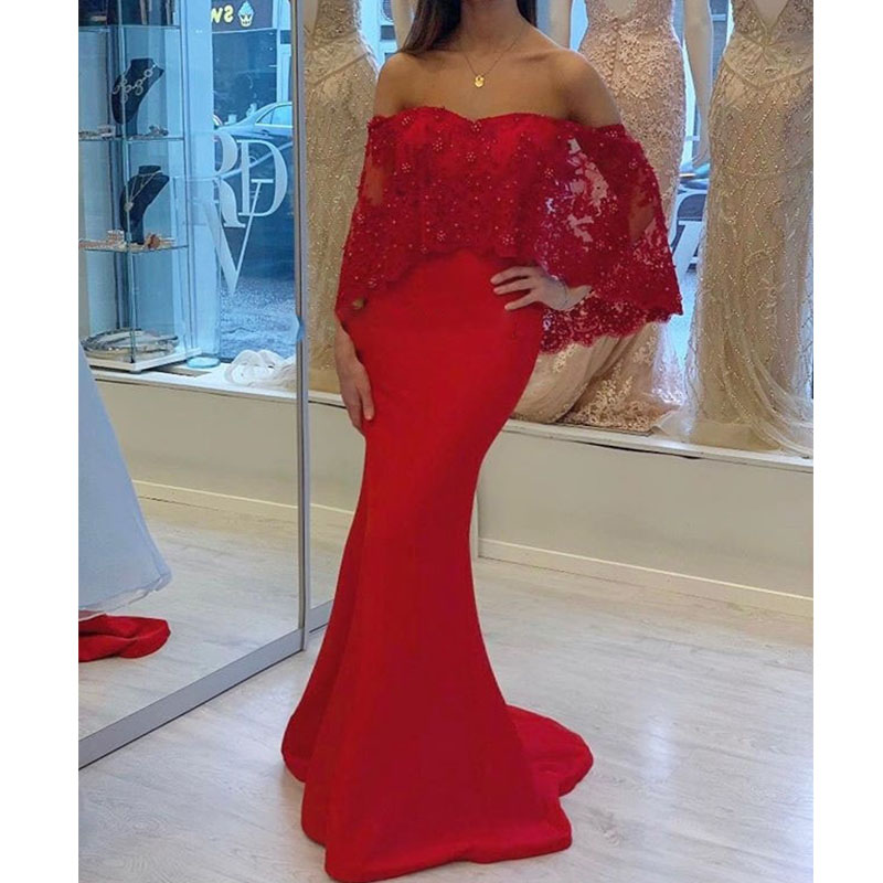 

Off the Shoulder Red Mermaid Evening Dresses Gowns Long Lace Wraps Beaded Evening Party Dress Women Important Wear, Dark green