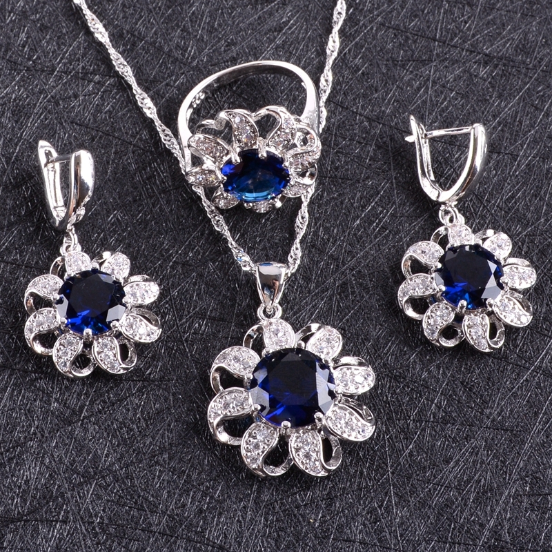 

Blue Zircon Costume Silver 925 Jewelry Sets Women Earrings With Stones Bracelets Necklace&Pendant Rings Set Jewelery Gift Box CX200623