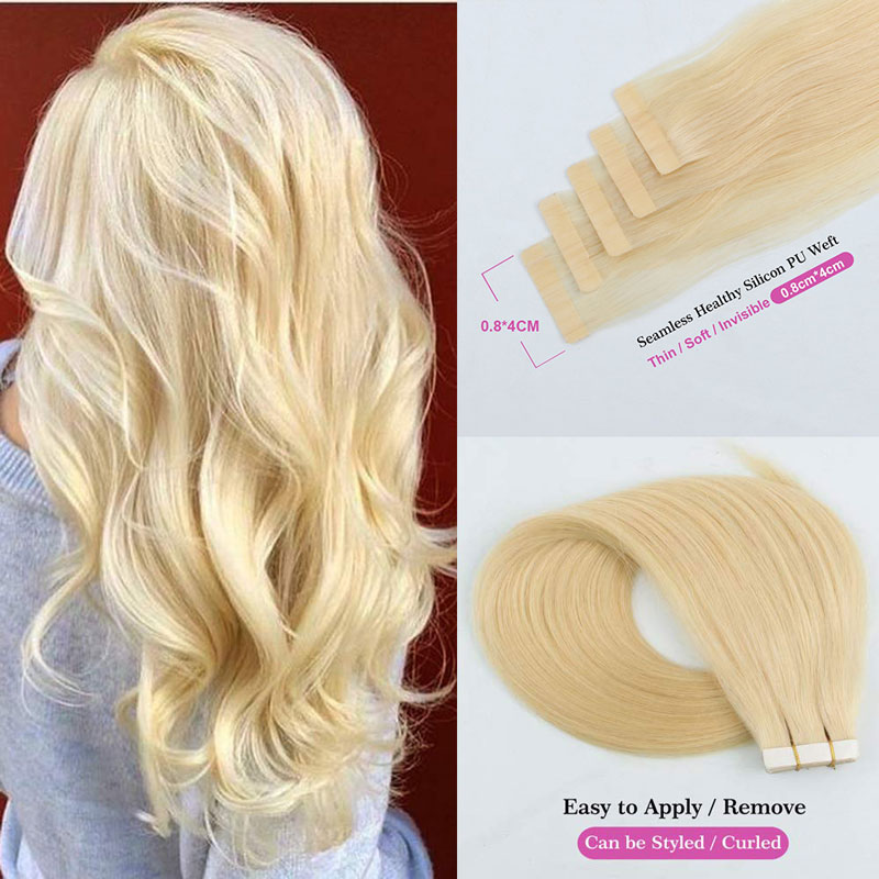 

Tape In Remy Human Hair Adhesive Extensions 14" 16" 18" 20" 22" 24" 20pcs Straight Skin Weft Bleach Blonde, Natural color