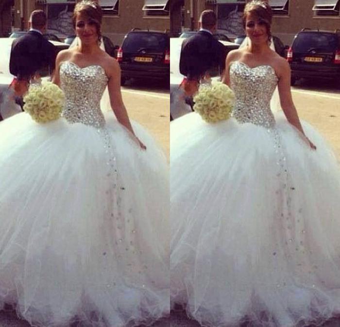

Sparkle New Arrival Wedding Dresses Sweetheart Strapless Crystals Shinning Bodice Ball Gown Tulle Floor Length White Bridal Gowns, Same as image