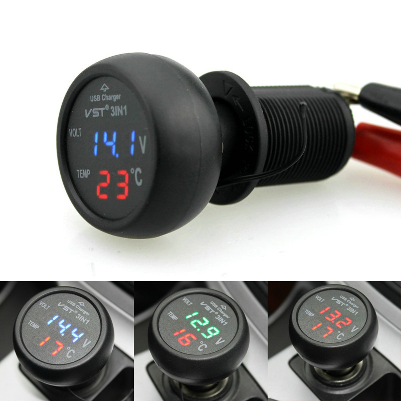 CAR Universal Cigarette Lighter Car Usb Port Cell-Phone Charger Digital LED Display Voltmeter Thermometer Auto Gauge 3 in Volt Battery-image-469470023