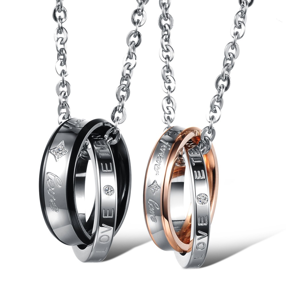 

Couple Necklace FOREVER LOVE Lettering Name Double Circle Stainless Steel Pendant Necklaces For Lovers Valentine's Day Gift