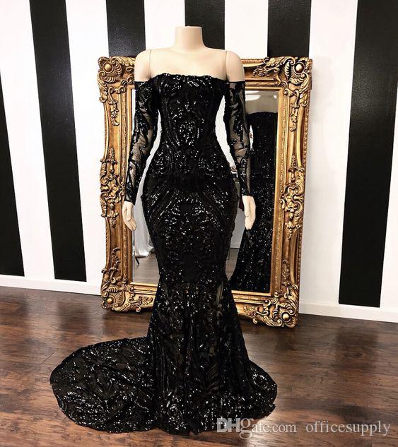 Black Off The Shoulder Prom Dresses Lace Sheer Long Sleeves Mermaid Evening Gowns Sweep Train Formal Party Dress Custom Made