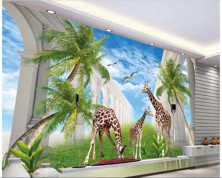 

WDBH custom photo 3d wallpaper Giraffe corridor blue sky background painting home decor living room 3d wall mural wallpaper for walls 3 d, Non-woven