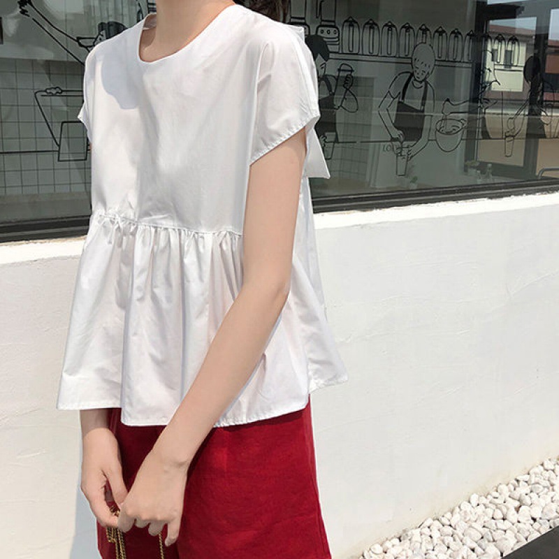 

Women Girls Summer Loose Shirt Solid Color Strapped Short Sleeve Round Neck Shirt Fluffy Hem Sweet Korean Style A6, White