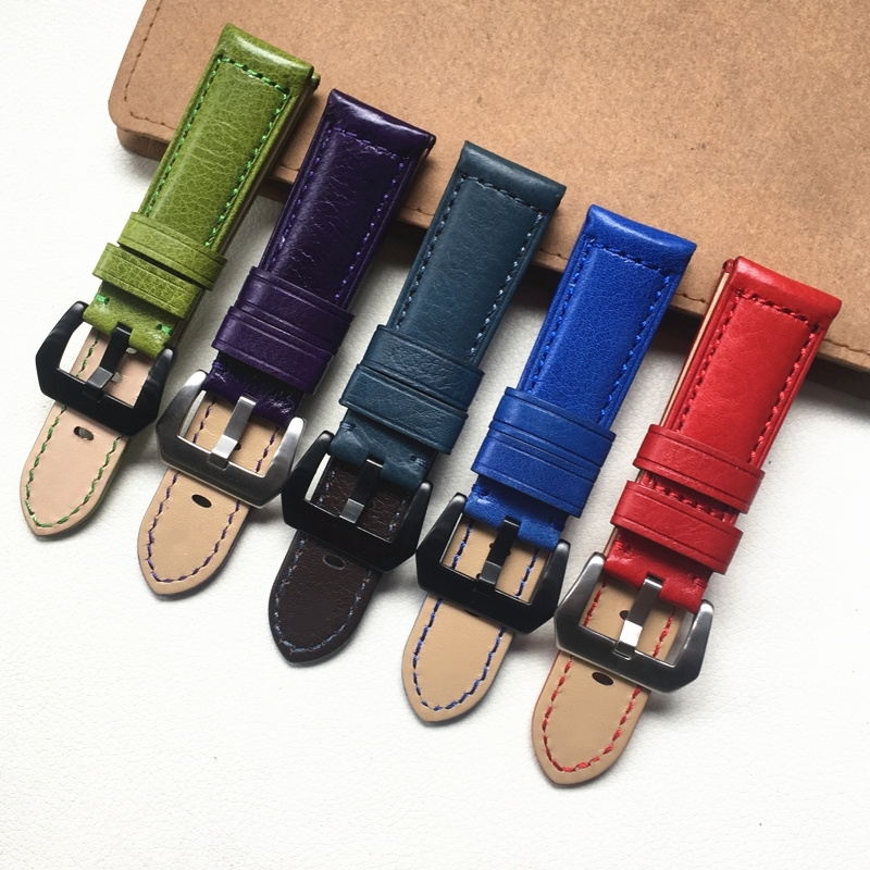 

22mm 24mm Personality Fashion Green Blue Red Violet Genuine Leather Watchband Wristband For PAM Big Watch Strap Bracelet