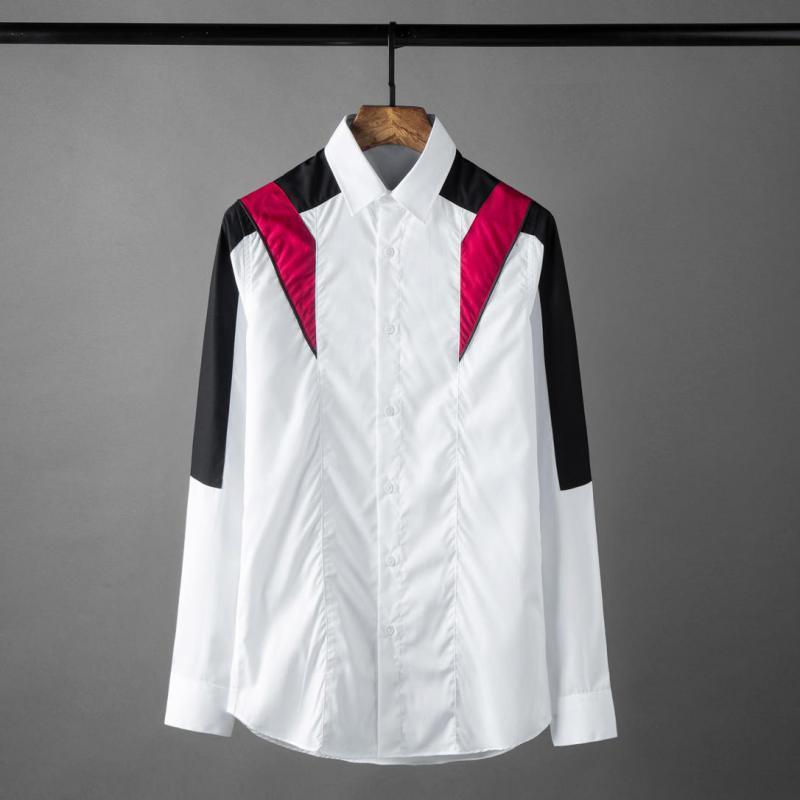 

Contrast Color Luxury Long Sleeve Splicing Casual Mens Dress Fashion Slim Fit Party Man Shirts, As pic