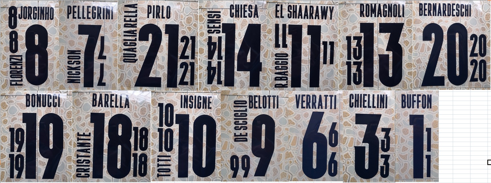 

2019 Italy away JORGINHO BUFFON CHIELLINI VERRATTI BELOTTI INSIGNE DE ROSSI PIRLO EL SHAARAWY PELLEGRINI nameset patch badge