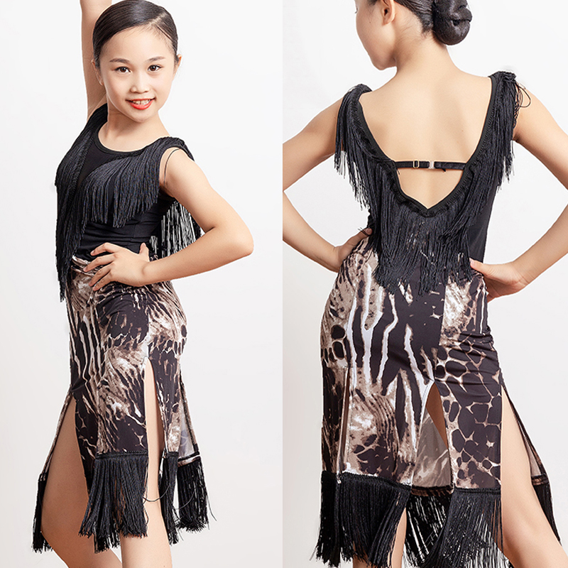 

New Tassel Latin Dance Costume For Girls Backless Latina Stage Dress Practice Dance Wear Frige Latin Competition Dresses JL1023, Leopard