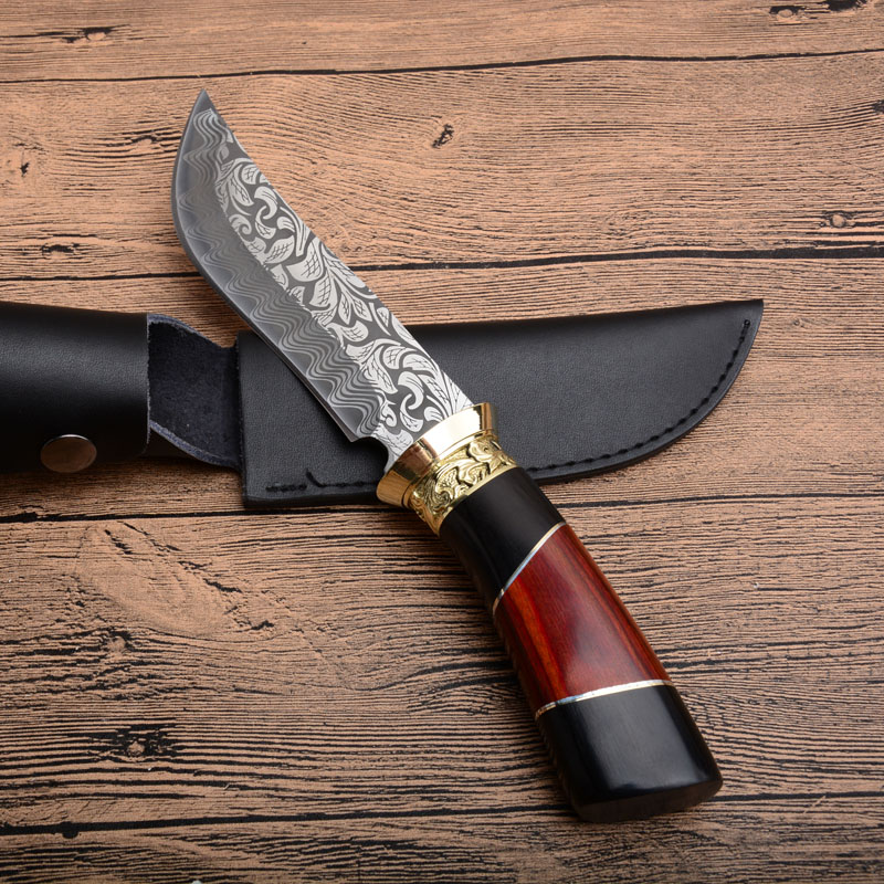 

New Survival Straight Hunting Knife 440C Steel Blade Wood Handle Fixed Blades Knives With Leather Sheath