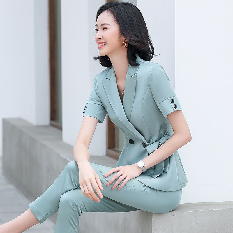 

2020 New Summer Korean Fashion Temperament Formal Blazer Pant Suits Short Sleeve Jacket +women Pant 2 Piece Sets L03, Gray