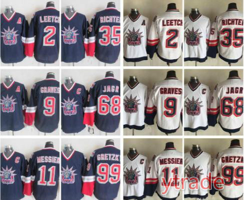 

Vintage 1998 Liberty New York Rangers 2 Brian Leetch 11 Mark Messier 35 Mike Richter 9 Adam Graves 68 Jaromir Jagr NYR Hockey Jerseys, White 9