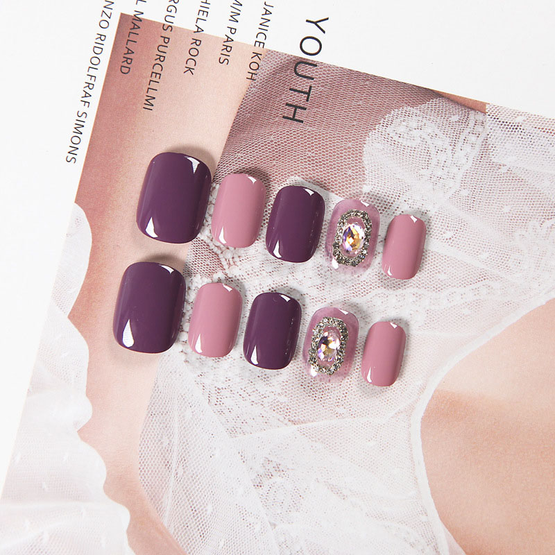 

24pcs Charming Dark Purple Light Pink Fake Nail Summer Diamond Design Nail Art False Tips Short Square Head Full Cover with Glue, As the picture shows