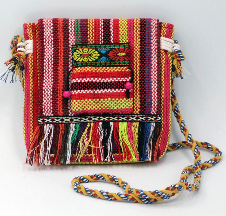 

5pcs Messenger Bags Embroidered Ethnic Style Tribal Tassels Fringed Cross body bag, Blue