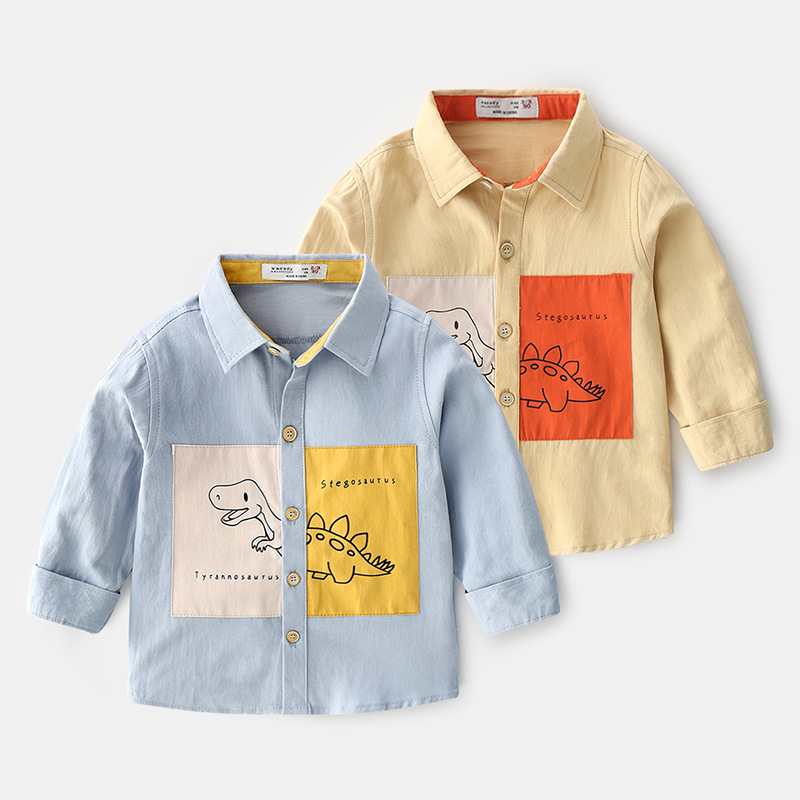 

2020 spring New Arrival Enfant Boys Shirts Cotton Children Clothes Long Sleeve Cartoon Dinosaur Kids Blouses Boy Shirt 1-6y, Khaki