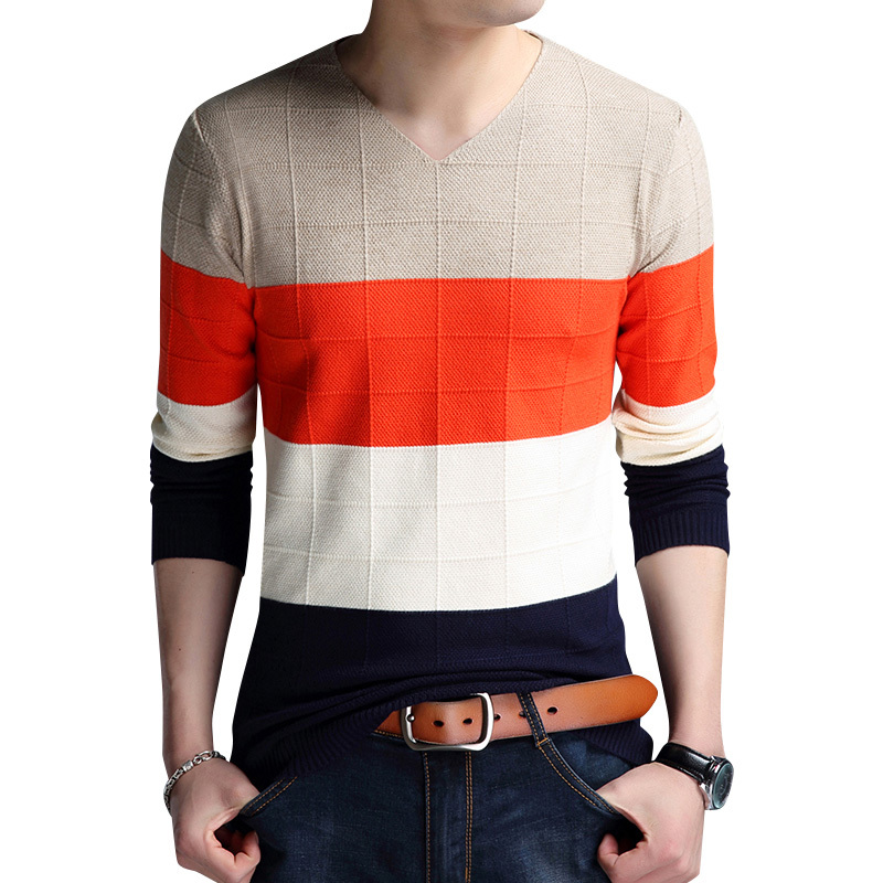 

MEN Sweater Autumn Spring Pullovers best quality Nice Striped Plus size 3XL Men Sweaters Coat Cotton Pullover, Khaki