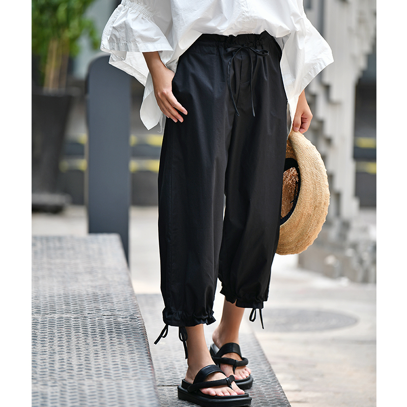 

K1808 Artistic versatile drawstring pure cotton black wide leg straight leg wide nine minutes casual pants woman