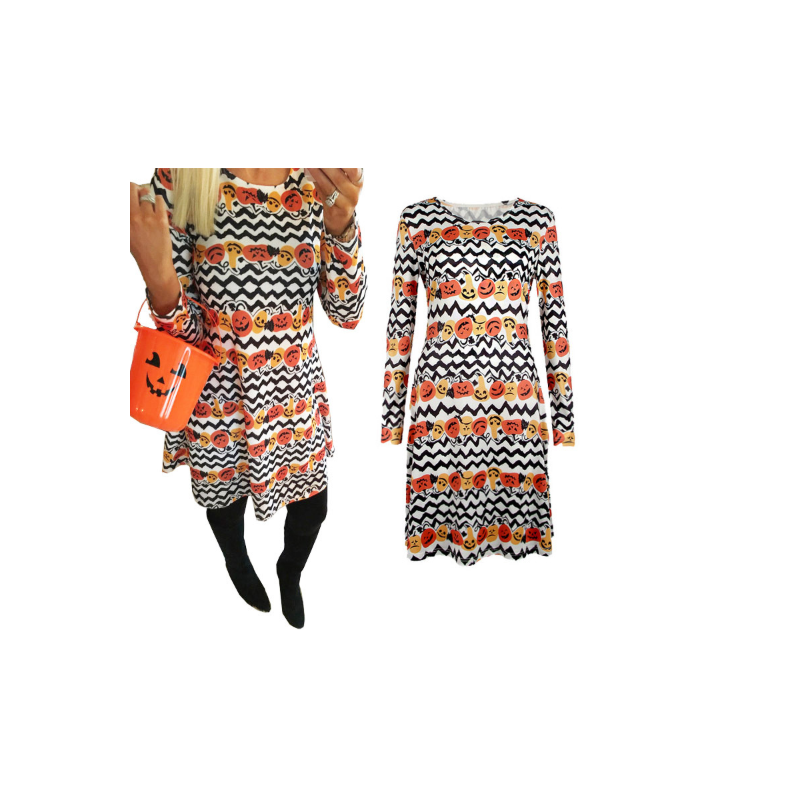 

Womens Halloween Pumpkin Wave Printed Skirts Long-Sleeved Loose Round-necked Dress Casual Pleated Midi Dresses