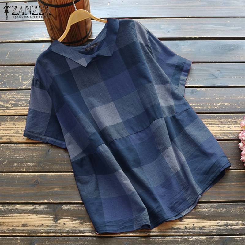 

ZANZEA Summer Plaid Checked Blouse Women Vintage Short Sleeve Loose Blusas Female Tunic Tops Casual Work Shirt Plus Size Chemise, Blue
