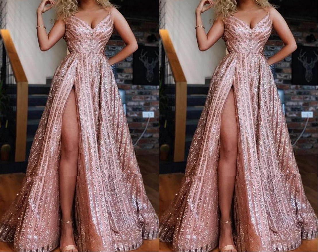 

Sparkly Rose Gold South African Prom Bridesmaid Dresses with Straps A line High Split Ruched Evening Formal Pageant Dress, Lilac